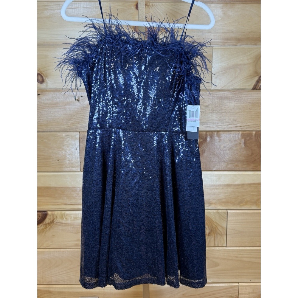 City Studios Jr feather-trim strapless fit & flare dress navy NWT Size 13/14